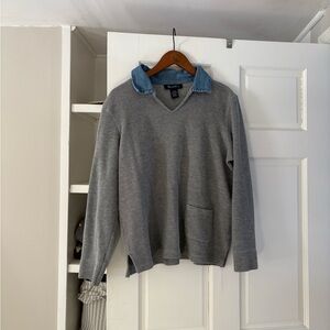 Denim&Co Gray V-Neck Top with Denim Collar